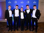 1 June 2024; Hugh Cooney, Ben Brownlee, Andrew McCarthy, Gus McCarthy and Liam Molony on arrival at the 2024 Leinster Rugby Awards Ball at The InterContinental Hotel in Dublin. Photo by Harry Murphy/Sportsfile