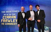 1 June 2024; Ciarán Frawley is presented with the Irish Times Try of the Year award by Nathan Johns of The Irish Times and Leinster Rugby president Billy Murphy for his try against Connacht Rugby during the 2024 Leinster Rugby Awards Ball at The InterContinental Hotel in Dublin. Photo by Harry Murphy/Sportsfile