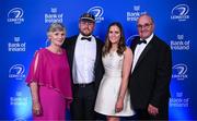 1 June 2024; Departing Leinster player Ed Byrne with his parents Anna and Tom, and wife Rebecca Long during the 2024 Leinster Rugby Awards Ball at The InterContinental Hotel in Dublin. Photo by Harry Murphy/Sportsfile