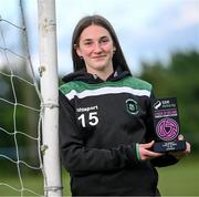 3 June 2024; Ellen Dolan of Peamount with her SSE Airtricity Women’s Premier Division Player of the Month Award for May 2024 Award at PRL Park in Greenogue, Dublin. Photo by David Fitzgerald/Sportsfile