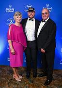 1 June 2024; Ed Byrne with his parents Anna and Tom during the 2024 Leinster Rugby Awards Ball at The InterContinental Hotel in Dublin. Photo by Harry Murphy/Sportsfile