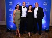 1 June 2024; Caoimhe O'Malley, Rhys Ruddock, Bernadette Ruddock and Mike Ruddock on arrival at the 2024 Leinster Rugby Awards Ball at The InterContinental Hotel in Dublin. Photo by Harry Murphy/Sportsfile
