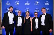 1 June 2024; The McCarthy family, from left, Joe, Joe, Paula, Andrew and Paddy during the 2024 Leinster Rugby Awards Ball at The InterContinental Hotel in Dublin. Photo by Harry Murphy/Sportsfile