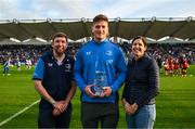 31 May 2024; Joe McCarthy of Leinster is presented with the Just Eat Supporters Player of the Year award by OLSC president Alan Mooney and Managing Director of Just Eat Ireland Amanda Roche-Kelly during the United Rugby Championship match between Leinster and Connacht at the RDS Arena in Dublin. Photo by Harry Murphy/Sportsfile