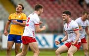 2 June 2024; Niall Devlin of Tyrone turns to celebrate with Aidan Clarke after scoring his side's first goal during the GAA Football All-Ireland Senior Championship Round 2 match between Tyrone and Clare at O'Neill's Healy Park in Omagh, Tyrone.