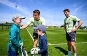 2 June 2024; Shay Cronin, from Ennis, Clare, left, and his brother Cillian with Seamus Coleman and Robbie Brady, right, before a Republic of Ireland training session at the FAI National Training Centre in Abbotstown, Dublin. Photo by Stephen McCarthy/Sportsfile