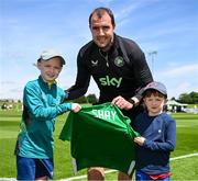 2 June 2024; Shay Cronin, from Ennis, Clare, left, and his brother Cillian with interim head coach John O'Shea before a Republic of Ireland training session at the FAI National Training Centre in Abbotstown, Dublin. Photo by Stephen McCarthy/Sportsfile