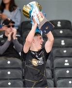 2 June 2024; Kilkenny captain Ciáran Hickey lifts the cup after the Electric Ireland Corn Michael Hogan Celtic Challenge final match between Tipperary Blue and Kilkenny at UPMC Nowlan Park in Kilkenny. Photo by Tom Beary/Sportsfile