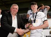 2 June 2024; Finn O'Connor of East Cork is presented with the Best & Fairest award by Kilkenny County Board Chairman P J Kenny after the Electric Ireland Corn John Scott Celtic Challenge final match between East Cork and Dublin at UPMC Nowlan Park in Kilkenny. Photo by Tom Beary/Sportsfile