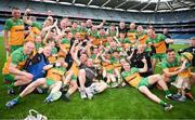 2 June 2024; The Donegal players celebrate with the Nickey Rackard Cup after the Nickey Rackard Cup final match between Donegal and Mayo at Croke Park in Dublin. Photo by Ray McManus/Sportsfile