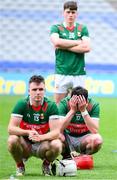 2 June 2024; Mayo players including Shane Boland, 13, Daniel Huane and Matthew Connor, 20, look on as the Nickey Rackard Cup is presented after the Nickey Rackard Cup final match between Donegal and Mayo at Croke Park in Dublin. Photo by Ray McManus/Sportsfile