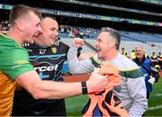 2 June 2024; Derry manager Johnny McGarvey, Dylan Lafferty and Gavin Browne  celebrate after the Nickey Rackard Cup final match between Donegal and Mayo at Croke Park in Dublin. Photo by Ray McManus/Sportsfile