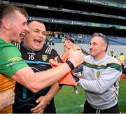 2 June 2024; Derry manager Johnny McGarvey, Dylan Lafferty and Gavin Browne  celebrate after the Nickey Rackard Cup final match between Donegal and Mayo at Croke Park in Dublin. Photo by Ray McManus/Sportsfile