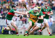 2 June 2024; Ruairi Campbell of Donegal is tackled by Oisín Greally and David Kenny of Mayo during the Nickey Rackard Cup final match between Donegal and Mayo at Croke Park in Dublin. Photo by Ray McManus/Sportsfile