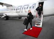 2 June 2024; Republic of Ireland's Louise Quinn and Erin McLaughlin, right, at Bromma Stockholm Airport on the team's arrival in Sweden for their 2025 UEFA Women's European Championship Qualifier match on Tuesday. Photo by Stephen McCarthy/Sportsfile