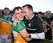 1 June 2024; James Mahon of Offaly and Keith Screeney after the oneills.com GAA Hurling All-Ireland U20 Championship final match between Offaly and Tipperary at UPMC Nowlan Park in Kilkenny. Photo by Ray McManus/Sportsfile