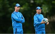 4 June 2024; Head coach Leo Cullen, left, and Senior coach Jacques Nienaber during Leinster Rugby squad training at UCD in Dublin. Photo by Ramsey Cardy/Sportsfile