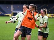 3 June 2024; Players, from left, Anna Patten, Eva Mangan and Erin McLaughlin during a Republic of Ireland women's training session at Friends Arena in Stockholm, Sweden. Photo by Stephen McCarthy/Sportsfile