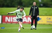 3 June 2024; Mikey Johnston, left, and interim head coach John O'Shea during a Republic of Ireland training session at the FAI National Training Centre in Abbotstown, Dublin. Photo by Brendan Moran/Sportsfile