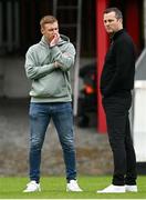 3 June 2024; Dundalk manager Jon Daly, right, in conversation with former St Patrick's Athletic player Eoin Doyle before the SSE Airtricity Men's Premier Division match between St Patrick's Athletic and Dundalk at Richmond Park in Dublin. Photo by Ramsey Cardy/Sportsfile