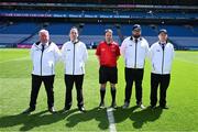 2 June 2024; Referee James Judge and his umpires before the Lory Meagher Cup final match between Fermanagh and Longford at Croke Park in Dublin. Photo by Ray McManus/Sportsfile