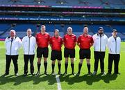 2 June 2024; Referee James Judge, his umpires and fellow officials before the Lory Meagher Cup final match between Fermanagh and Longford at Croke Park in Dublin. Photo by Ray McManus/Sportsfile