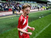 29 May 2024; Kieran Stack of Beaumont BNS, Blackrock, Cork, celebrates after winning the section C cup, for mixed large sized schools, during the FAI Primary 5s Finals day at Aviva Stadium in Dublin. Photo by Stephen McCarthy/Sportsfile