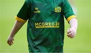 20 May 2024; A detailed view of a McGregor Entertainment sponsored Lourdes Celtic FC jersey worn during a half-time mini game at the the SSE Airtricity Men's Premier Division match between St Patrick's Athletic and Shelbourne at Richmond Park in Dublin. Photo by Stephen McCarthy/Sportsfile
