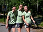 4 June 2024; Republic of Ireland players, from left, Eva Mangan, Anna Patten and Erin McLaughlin during a team walk near their hotel before the 2025 UEFA Women's European Championship qualifying match between Sweden and Republic of Ireland at Friends Arena in Stockholm, Sweden. Photo by Stephen McCarthy/Sportsfile