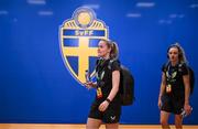 4 June 2024; Republic of Ireland players Erin McLaughlin, left, and Leanne Kiernan arrive before the 2025 UEFA Women's European Championship qualifying match between Sweden and Republic of Ireland at Friends Arena in Stockholm, Sweden. Photo by Stephen McCarthy/Sportsfile