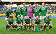 4 June 2024; The Republic of Ireland team, back row, from left, Ruesha Littlejohn, Lily Agg, Caitlin Hayes, Courtney Brosnan, Megan Connolly and Louise Quinn with front, from left, Leanne Kiernan, Aoife Mannion, Jess Ziu, Katie McCabe and Kyra Carusa pose for a team photo before the 2025 UEFA Women's European Championship qualifying match between Sweden and Republic of Ireland at Friends Arena in Stockholm, Sweden. Photo by Stephen McCarthy/Sportsfile