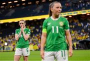 4 June 2024; Megan Connolly, left, and Katie McCabe of Republic of Ireland after the 2025 UEFA Women's European Championship qualifying match between Sweden and Republic of Ireland at Friends Arena in Stockholm, Sweden. Photo by Stephen McCarthy/Sportsfile