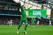 4 June 2024; Troy Parrott of Republic of Ireland celebrates after scoring his side's second goal during the international friendly match between Republic of Ireland and Hungary at Aviva Stadium in Dublin. Photo by Tyler Miller/Sportsfile