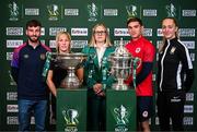 6 June 2024; Sports Direct head of marketing Ciara Murray, centre, with, from left, Charlie Graham of Whitehall Rangers, Katie Keane of Athlone Town, Anto Breslin of St Patrick’s Athletic and Darryl Henderson of Ballyfermot United during the Sports Direct Men's and Women's FAI Cup draw at FAI Headquarters in Abbotstown, Dublin. Photo by Harry Murphy/Sportsfile