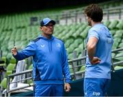 7 June 2024; Senior coach Jacques Nienaber speaks to Ryan Baird during a Leinster Rugby captain's run at the Aviva Stadium in Dublin. Photo by Harry Murphy/Sportsfile