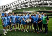 7 June 2024; Leinster co-captain Garry Ringrose and Colin Bell of the Kevin Bell Repatriation Trust and members of the Leinster squad and OLSC with the Irish Shield during the BKT United Rugby Championship Irish Shield presentation after a Leinster Rugby captain's run at the Aviva Stadium in Dublin. Photo by Harry Murphy/Sportsfile
