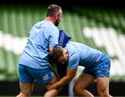 7 June 2024; Ed Byrne and Jordan Larmour during a Leinster Rugby captain's run at the Aviva Stadium in Dublin. Photo by Harry Murphy/Sportsfile