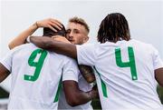 7 June 2024; Sam Curtis of Republic of Ireland celebrates with teammates Sinclair Armstrong, 9, and Bosun Lawal, 4, after scoring their side's second goal during the U21 international friendly match between Croatia and Republic of Ireland at Gradski Stadion in Zagreb, Croatia. Photo by Vid Ponikvar/Sportsfile