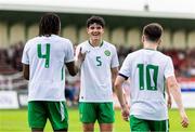 7 June 2024; Anselmo Garcia Mac Nulty of Republic of Ireland, centre, celebrates with his teammates, Bosun Lawal, 4, and Andy Moran, 10, after Aidomo Emakhu scored their side's third goal, not pictured, during the U21 international friendly match between Croatia and Republic of Ireland at Gradski Stadion in Zagreb, Croatia. Photo by Vid Ponikvar/Sportsfile