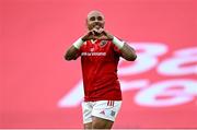 7 June 2024; Simon Zebo of Munster celebrates after scoring his side's first try during the United Rugby Championship quarter-final match between Munster and Ospreys at Thomond Park in Limerick. Photo by Harry Murphy/Sportsfile