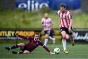 7 June 2024; Will Patching of Derry City evades the tackle of Aodh Dervin of Galway United during the SSE Airtricity Men's Premier Division match between Derry City and Galway United at The Ryan McBride Brandywell Stadium in Derry. Photo by Ramsey Cardy/Sportsfile