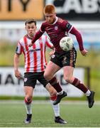 7 June 2024; Aodh Dervin of Galway United in action against Ben Doherty of Derry City during the SSE Airtricity Men's Premier Division match between Derry City and Galway United at The Ryan McBride Brandywell Stadium in Derry. Photo by Ramsey Cardy/Sportsfile