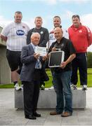 19 September 2013; The FAI have launched the Airtricity fans biggest winner 2013 competition in aid of the John Giles Foundation. At the launch is John Giles with supporters John Byrne, Wexford Youths, back row, from left, Wayne McCrink, Dundalk FC, Mark Keating, Shamrock Rovers, Derek Monaghan, Bohemians, and Johnny 'Vegas' Watson, Shelbourne. FAI Headquarters, Abbotstown, Dublin. Picture credit: Brian Lawless / SPORTSFILE