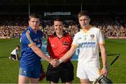14 September 2013; Referee Colm Lyons with team captains Paul Flanagan, Clare, left, and Jackson McGreevey, Antrim, right, before the game. Bord Gáis Energy GAA Hurling Under 21 All-Ireland 'A' Championship Final, Antrim v Clare, Semple Stadium, Thurles, Co. Tipperary. Picture credit: Ray McManus / SPORTSFILE