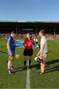 14 September 2013; Referee Colm Lyons tosses the coin between team captains Paul Flanagan, Clare, left, and Jackson McGreevey, Antrim, right, before the game. Bord Gáis Energy GAA Hurling Under 21 All-Ireland 'A' Championship Final, Antrim v Clare, Semple Stadium, Thurles, Co. Tipperary. Picture credit: Ray McManus / SPORTSFILE