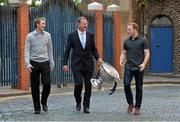 19 September 2013; Ronan Moran, Dublin Area Manager from Ulster Bank, with Fermanagh footballer Tommy McElroy, left, and Kerry footballer Darran O’Sullivan  in advance of the live broadcast of Ireland’s most popular sports radio show ‘Off the Ball’ at Vicar Street, Dublin on Thursday 19th September. The ‘Off The Ball Roadshow with Ulster Bank’, which has already been to Donegal, Kerry, Mayo and Cork will give GAA fans the opportunity to experience the multi award-winning show, where they will broadcast live from GAA haunts and clubs across the country. As part of their sponsorship of the GAA Football All-Ireland Senior Championship, Ulster Bank is, once again, giving GAA clubs across the country the opportunity to win support packages for their clubs. Ulster Bank GAA Force gives GAA clubs the opportunity to refurbish and upgrade their facilities, where one lucky GAA club will receive the top award of a support package worth €25,000. Four runners-up (one from each province) will also receive a support package worth €5,000. GAA clubs can enter Ulster Bank GAA Force at www.ulsterbank.com/gaa until Friday 20th September. Vicar Street, Dublin. Picture credit: Matt Browne / SPORTSFILE