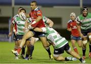 20 September 2013; Simon Zebo, Munster, is tackled by Antonio Pavanello, Benetton Treviso. Celtic League 2013/14, Round 3, Benetton Treviso v Munster, Stadio Monigo, Treviso, Italy. Picture credit: Roberto Bregani / SPORTSFILE