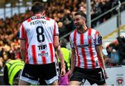 7 June 2024; Will Patching of Derry City, 8, celebrates with Michael Duffy after scoring their side's first goal during the SSE Airtricity Men's Premier Division match between Derry City and Galway United at The Ryan McBride Brandywell Stadium in Derry. Photo by Ramsey Cardy/Sportsfile
