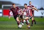 7 June 2024; Michael Duffy of Derry City in action against Aodh Dervin of Galway United during the SSE Airtricity Men's Premier Division match between Derry City and Galway United at The Ryan McBride Brandywell Stadium in Derry. Photo by Ramsey Cardy/Sportsfile