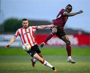 7 June 2024; Jeanno Esua of Galway United in action against Michael Duffy of Derry City during the SSE Airtricity Men's Premier Division match between Derry City and Galway United at The Ryan McBride Brandywell Stadium in Derry. Photo by Ramsey Cardy/Sportsfile